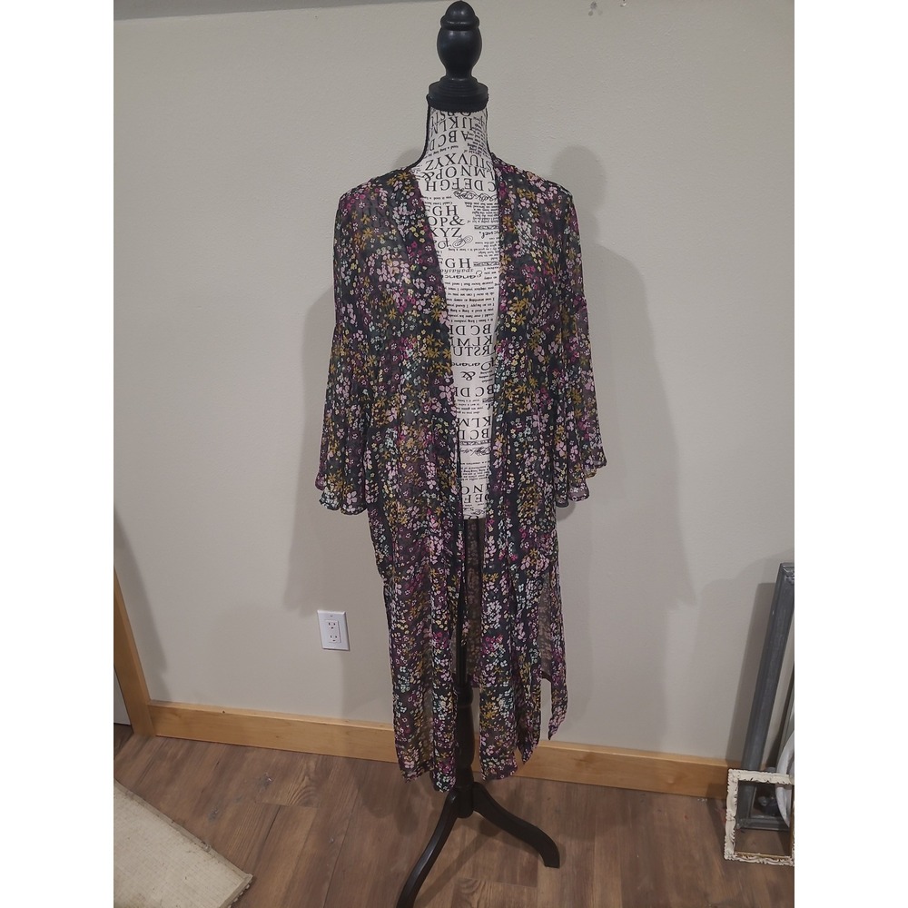 Ditsy Floral Cover up Semi sheer Duster tie front side slit Women OS bell sleeve